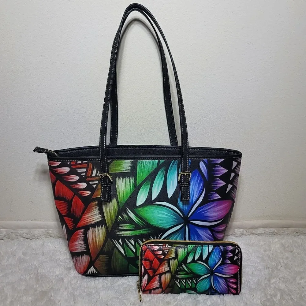 Rainbow Hawaiian Floral Print Tote Purse with Matching Wallet